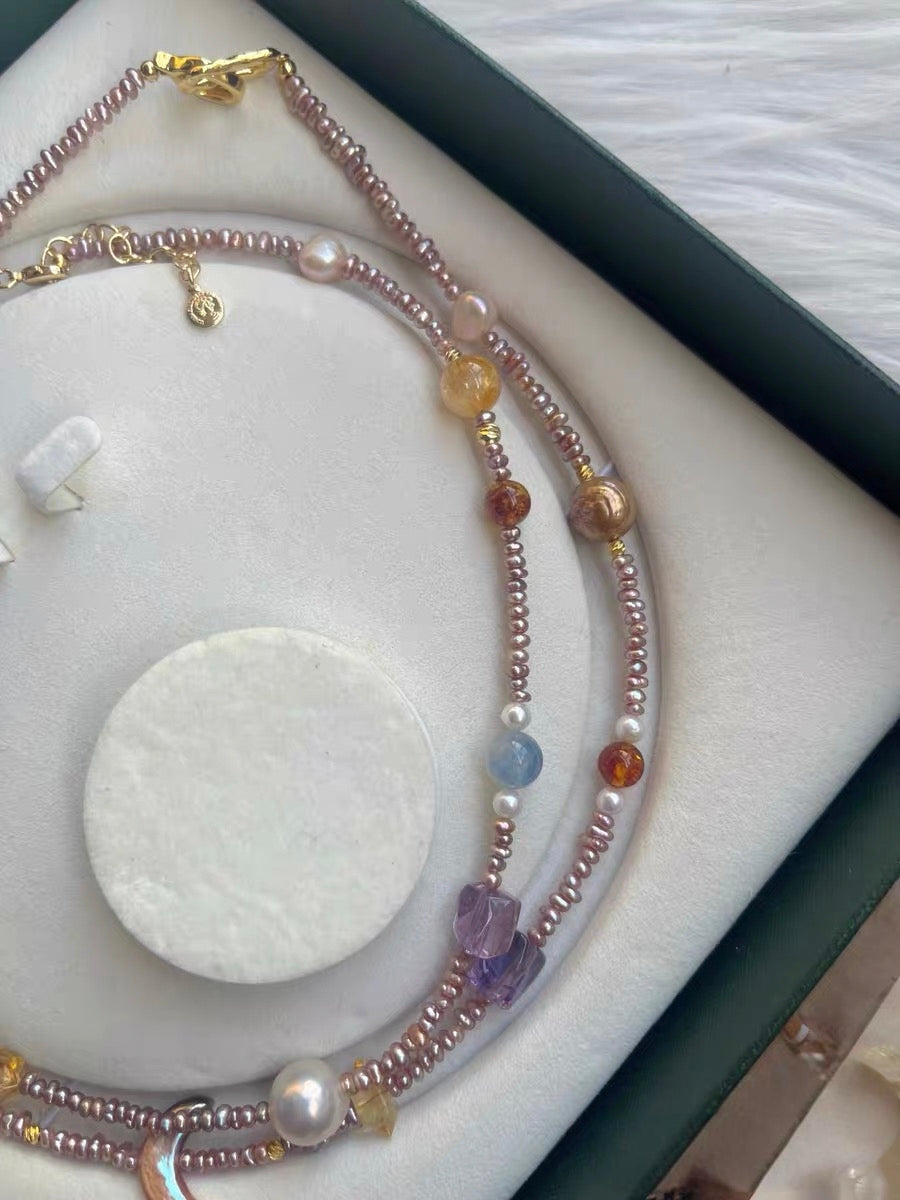 #PN1319 The Prism Edition| Vintage Autumn | Freshwater pearl necklace wrinkle baroque golden purple moon baroque amethyst amber kyanite citrine full sheen 2mm baby purple keshi pearls