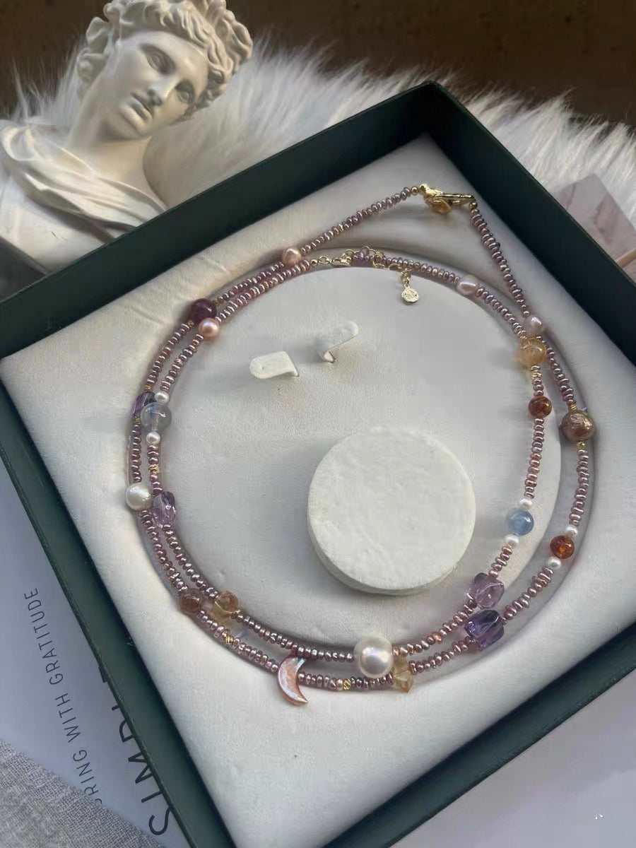 #PN1319 The Prism Edition| Vintage Autumn | Freshwater pearl necklace wrinkle baroque golden purple moon baroque amethyst amber kyanite citrine full sheen 2mm baby purple keshi pearls