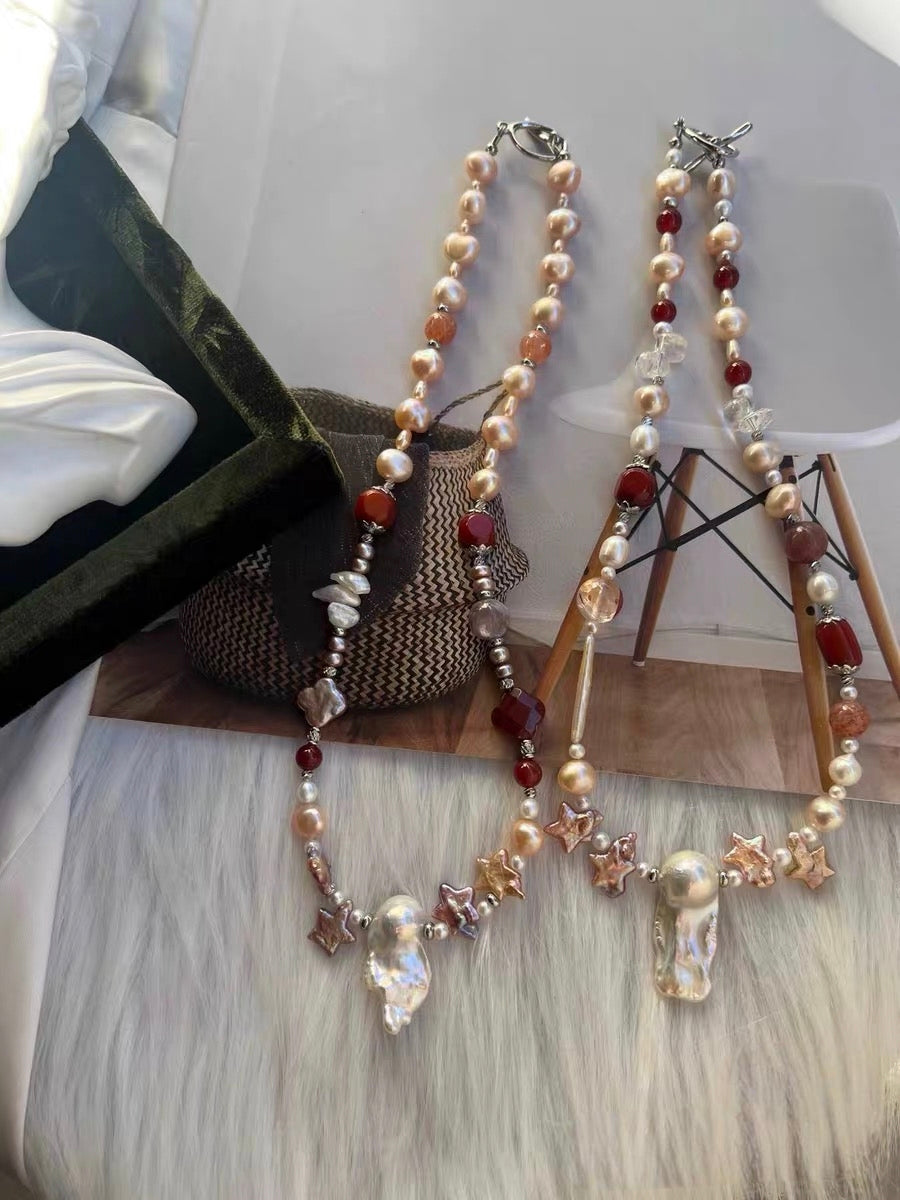 #PN1318 The Lyric Edition| Star & Clover | Freshwater pearl necklace star shaped baroque pearl colver shaped baroque lustrous long mermaid baroque old-mine agate barrel clover agate lepidolite golden sunstone fire quartz