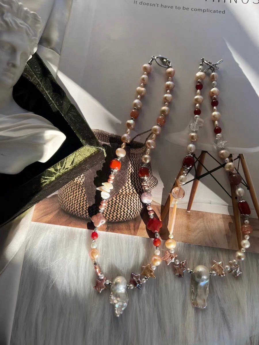 #PN1318 The Lyric Edition| Star & Clover | Freshwater pearl necklace star shaped baroque pearl colver shaped baroque lustrous long mermaid baroque old-mine agate barrel clover agate lepidolite golden sunstone fire quartz