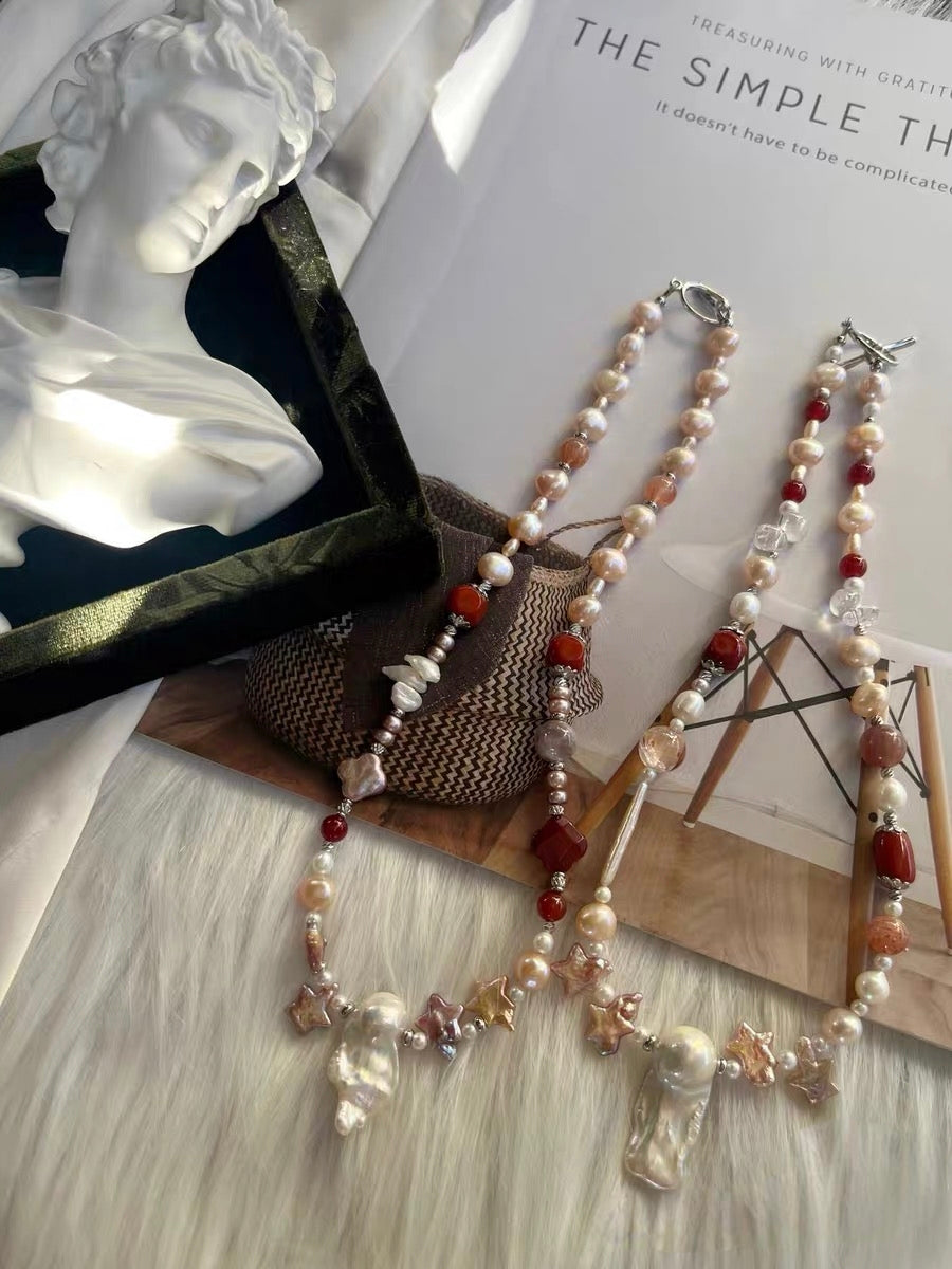 #PN1318 The Lyric Edition| Star & Clover | Freshwater pearl necklace star shaped baroque pearl colver shaped baroque lustrous long mermaid baroque old-mine agate barrel clover agate lepidolite golden sunstone fire quartz