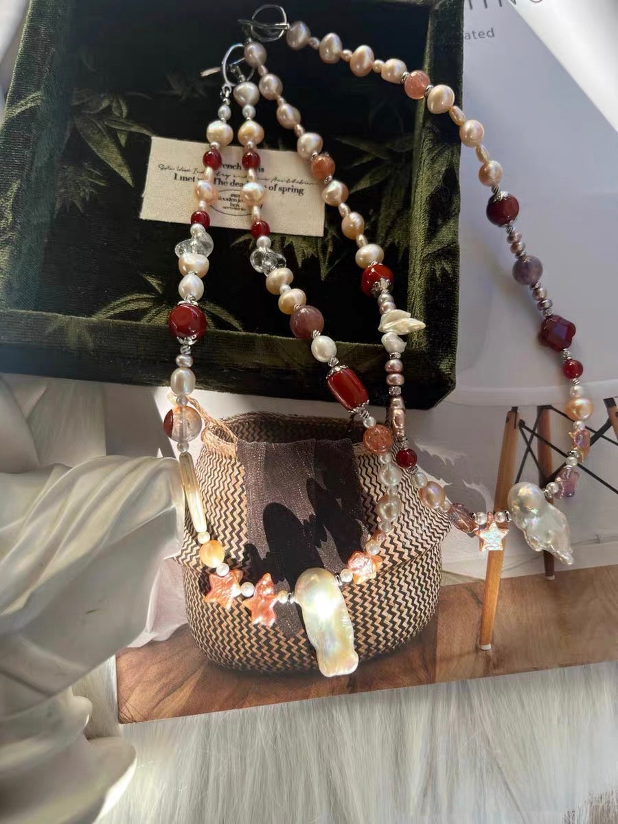#PN1318 The Lyric Edition| Star & Clover | Freshwater pearl necklace star shaped baroque pearl colver shaped baroque lustrous long mermaid baroque old-mine agate barrel clover agate lepidolite golden sunstone fire quartz