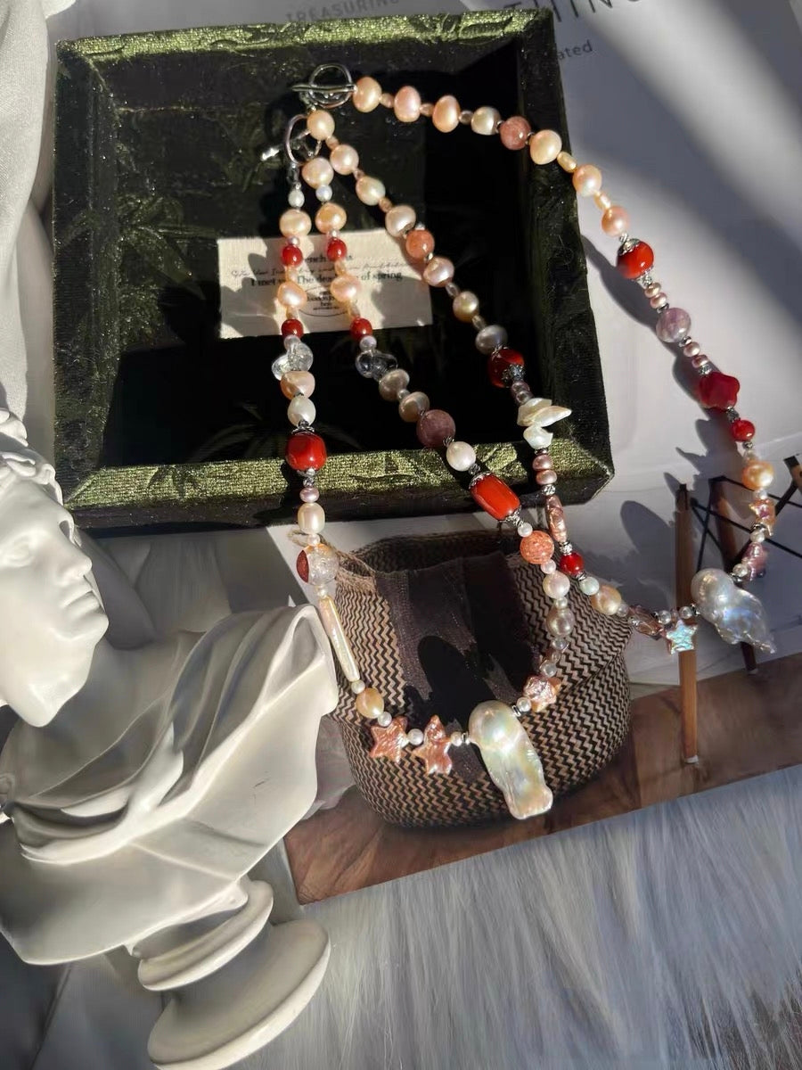 #PN1318 The Lyric Edition| Star & Clover | Freshwater pearl necklace star shaped baroque pearl colver shaped baroque lustrous long mermaid baroque old-mine agate barrel clover agate lepidolite golden sunstone fire quartz