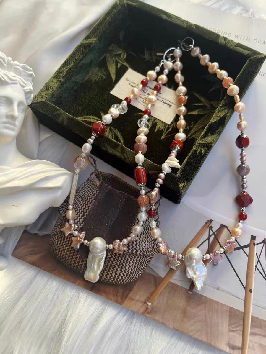 #PN1318 The Lyric Edition| Star & Clover | Freshwater pearl necklace star shaped baroque pearl colver shaped baroque lustrous long mermaid baroque old-mine agate barrel clover agate lepidolite golden sunstone fire quartz