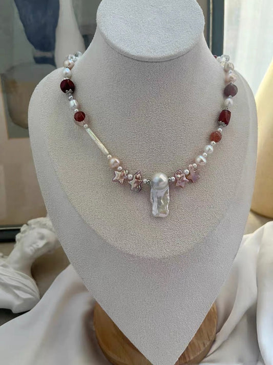 #PN1318 The Lyric Edition| Star & Clover | Freshwater pearl necklace star shaped baroque pearl colver shaped baroque lustrous long mermaid baroque old-mine agate barrel clover agate lepidolite golden sunstone fire quartz