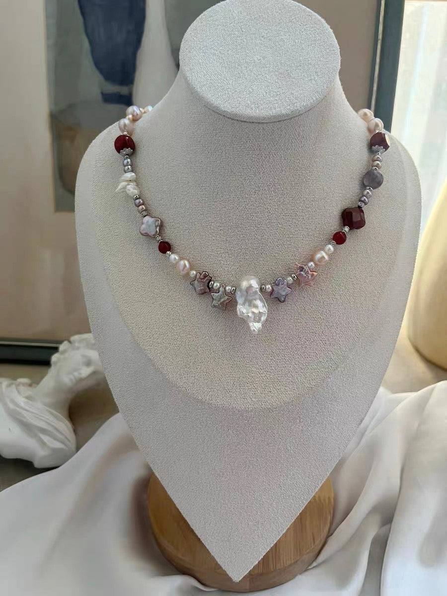 #PN1318 The Lyric Edition| Star & Clover | Freshwater pearl necklace star shaped baroque pearl colver shaped baroque lustrous long mermaid baroque old-mine agate barrel clover agate lepidolite golden sunstone fire quartz