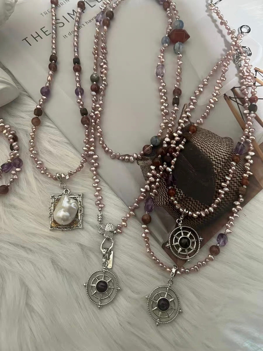 #PN1316 The Lumia Edition| Fortune turns | Freshwater pearl necklace & bracelet set | Hypersthene turn-able pendant detachable mermaid baroque frame pendant kyanite lepidolite amethyst small freeform sandal wood agate tower long sweater necklace