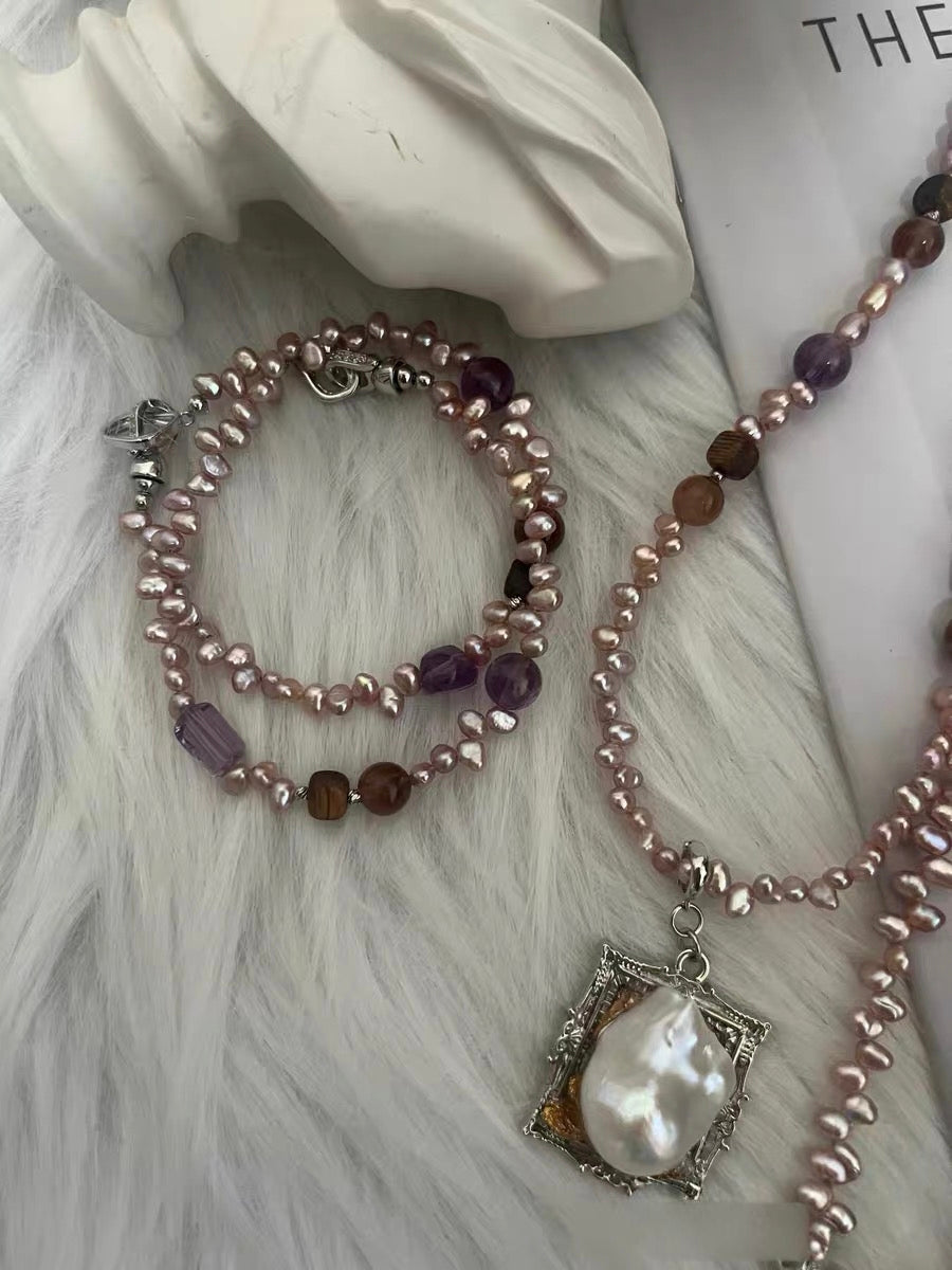 #PN1316 The Lumia Edition| Fortune turns | Freshwater pearl necklace & bracelet set | Hypersthene turn-able pendant detachable mermaid baroque frame pendant kyanite lepidolite amethyst small freeform sandal wood agate tower long sweater necklace