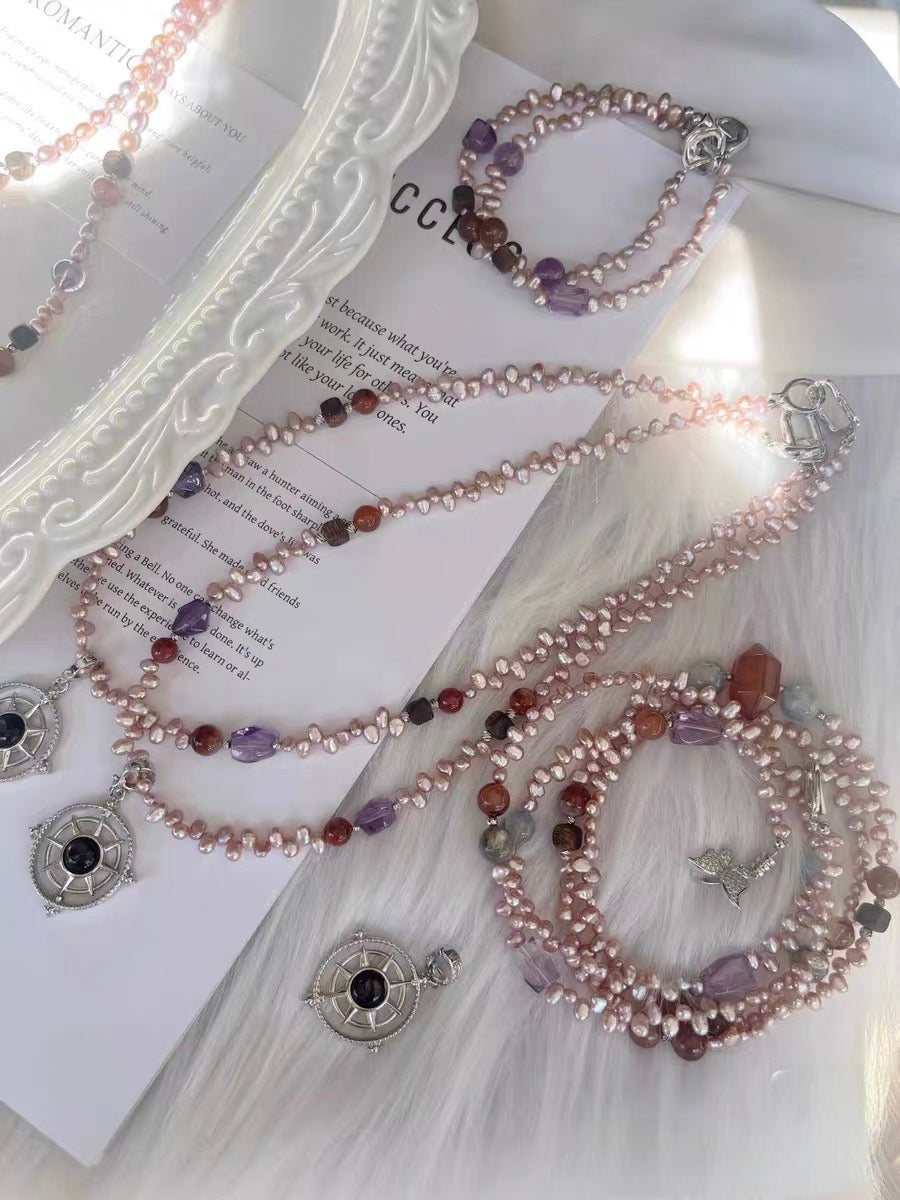 #PN1316 The Lumia Edition| Fortune turns | Freshwater pearl necklace & bracelet set | Hypersthene turn-able pendant detachable mermaid baroque frame pendant kyanite lepidolite amethyst small freeform sandal wood agate tower long sweater necklace