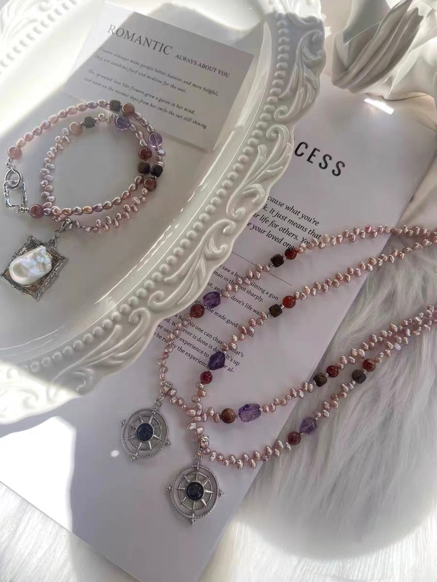 #PN1316 The Lumia Edition| Fortune turns | Freshwater pearl necklace & bracelet set | Hypersthene turn-able pendant detachable mermaid baroque frame pendant kyanite lepidolite amethyst small freeform sandal wood agate tower long sweater necklace