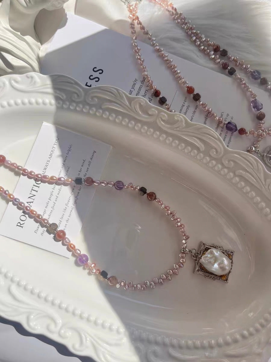 #PN1316 The Lumia Edition| Fortune turns | Freshwater pearl necklace & bracelet set | Hypersthene turn-able pendant detachable mermaid baroque frame pendant kyanite lepidolite amethyst small freeform sandal wood agate tower long sweater necklace