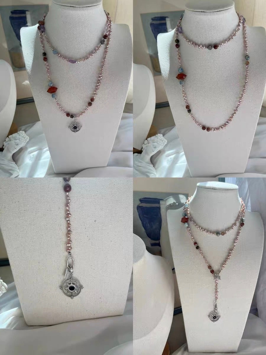 #PN1316 The Lumia Edition| Fortune turns | Freshwater pearl necklace & bracelet set | Hypersthene turn-able pendant detachable mermaid baroque frame pendant kyanite lepidolite amethyst small freeform sandal wood agate tower long sweater necklace