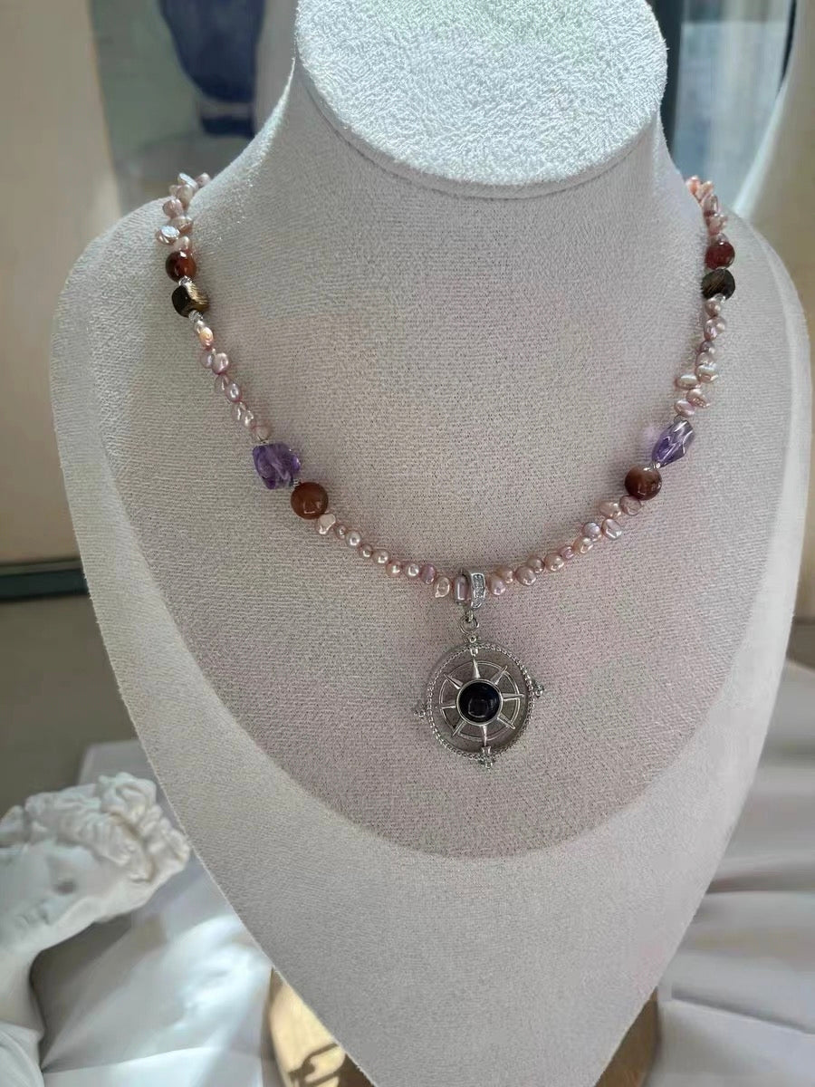 #PN1316 The Lumia Edition| Fortune turns | Freshwater pearl necklace & bracelet set | Hypersthene turn-able pendant detachable mermaid baroque frame pendant kyanite lepidolite amethyst small freeform sandal wood agate tower long sweater necklace