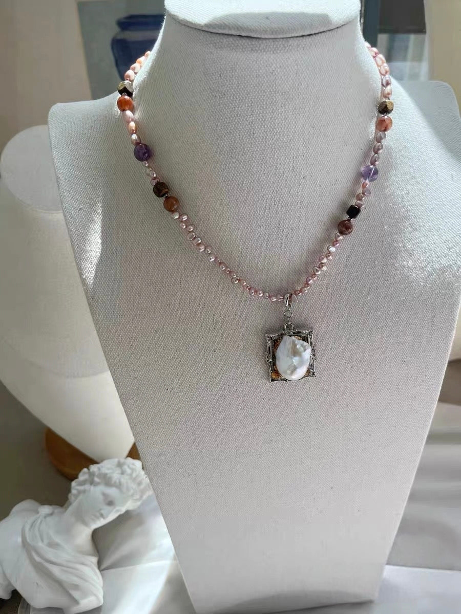 #PN1316 The Lumia Edition| Fortune turns | Freshwater pearl necklace & bracelet set | Hypersthene turn-able pendant detachable mermaid baroque frame pendant kyanite lepidolite amethyst small freeform sandal wood agate tower long sweater necklace