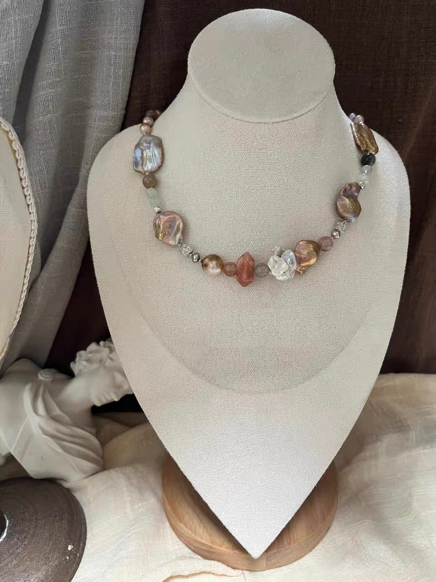 #PN1312 The Lyric Edition [Floral Series] night rose | Freshwater pearl necklace big flower petal baroque pearls golden cloud baroque rabbit hair green mica with strong sheen aquamarine golden sunstone tower