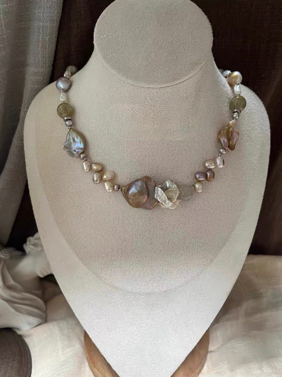 #PN1312 The Lyric Edition [Floral Series] night rose | Freshwater pearl necklace big flower petal baroque pearls golden cloud baroque rabbit hair green mica with strong sheen aquamarine golden sunstone tower