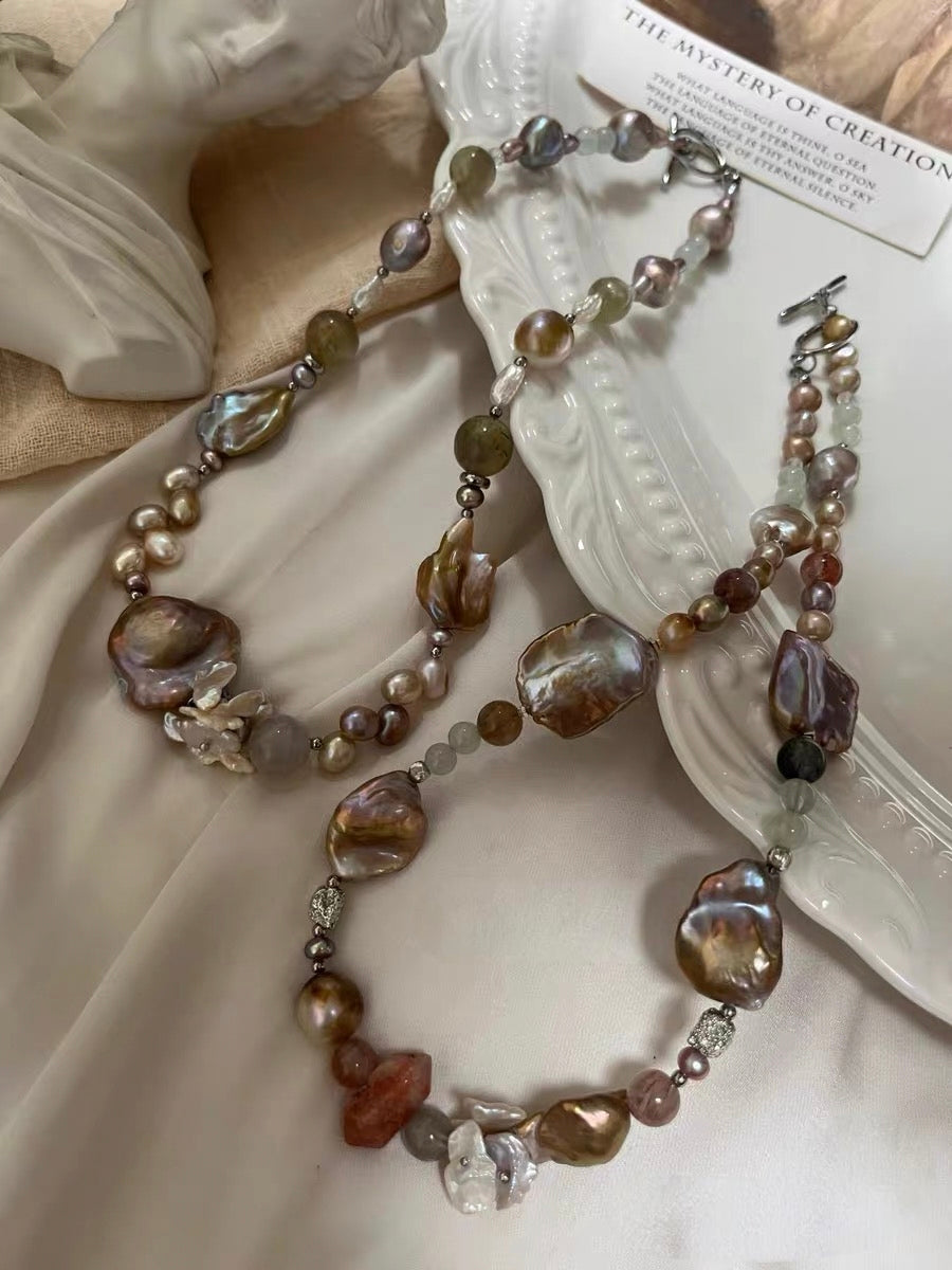 #PN1312 The Lyric Edition [Floral Series] night rose | Freshwater pearl necklace big flower petal baroque pearls golden cloud baroque rabbit hair green mica with strong sheen aquamarine golden sunstone tower
