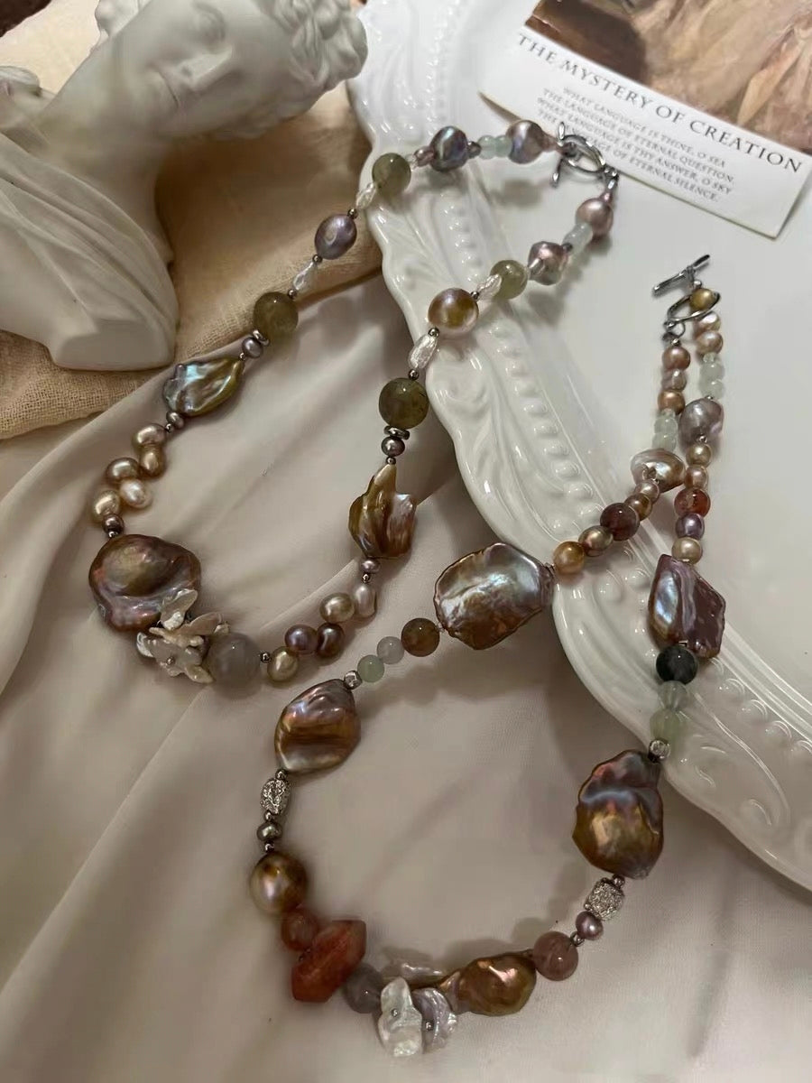 #PN1312 The Lyric Edition [Floral Series] night rose | Freshwater pearl necklace big flower petal baroque pearls golden cloud baroque rabbit hair green mica with strong sheen aquamarine golden sunstone tower