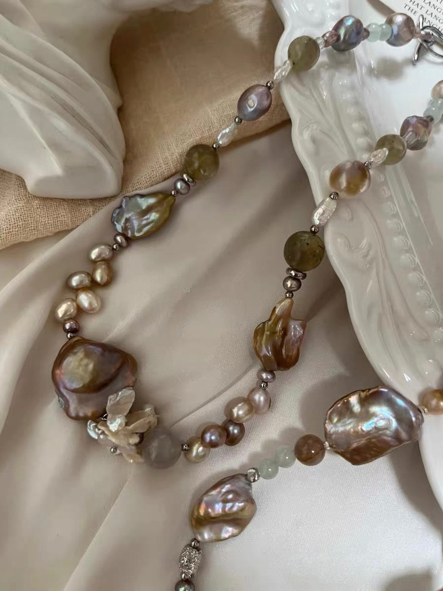 #PN1312 The Lyric Edition [Floral Series] night rose | Freshwater pearl necklace big flower petal baroque pearls golden cloud baroque rabbit hair green mica with strong sheen aquamarine golden sunstone tower