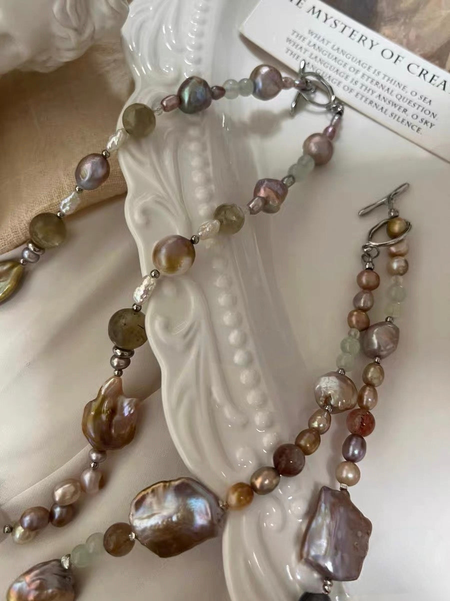 #PN1312 The Lyric Edition [Floral Series] night rose | Freshwater pearl necklace big flower petal baroque pearls golden cloud baroque rabbit hair green mica with strong sheen aquamarine golden sunstone tower