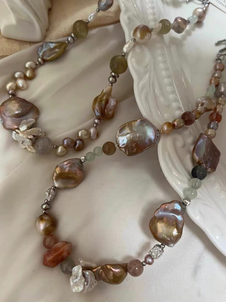 #PN1312 The Lyric Edition [Floral Series] night rose | Freshwater pearl necklace big flower petal baroque pearls golden cloud baroque rabbit hair green mica with strong sheen aquamarine golden sunstone tower