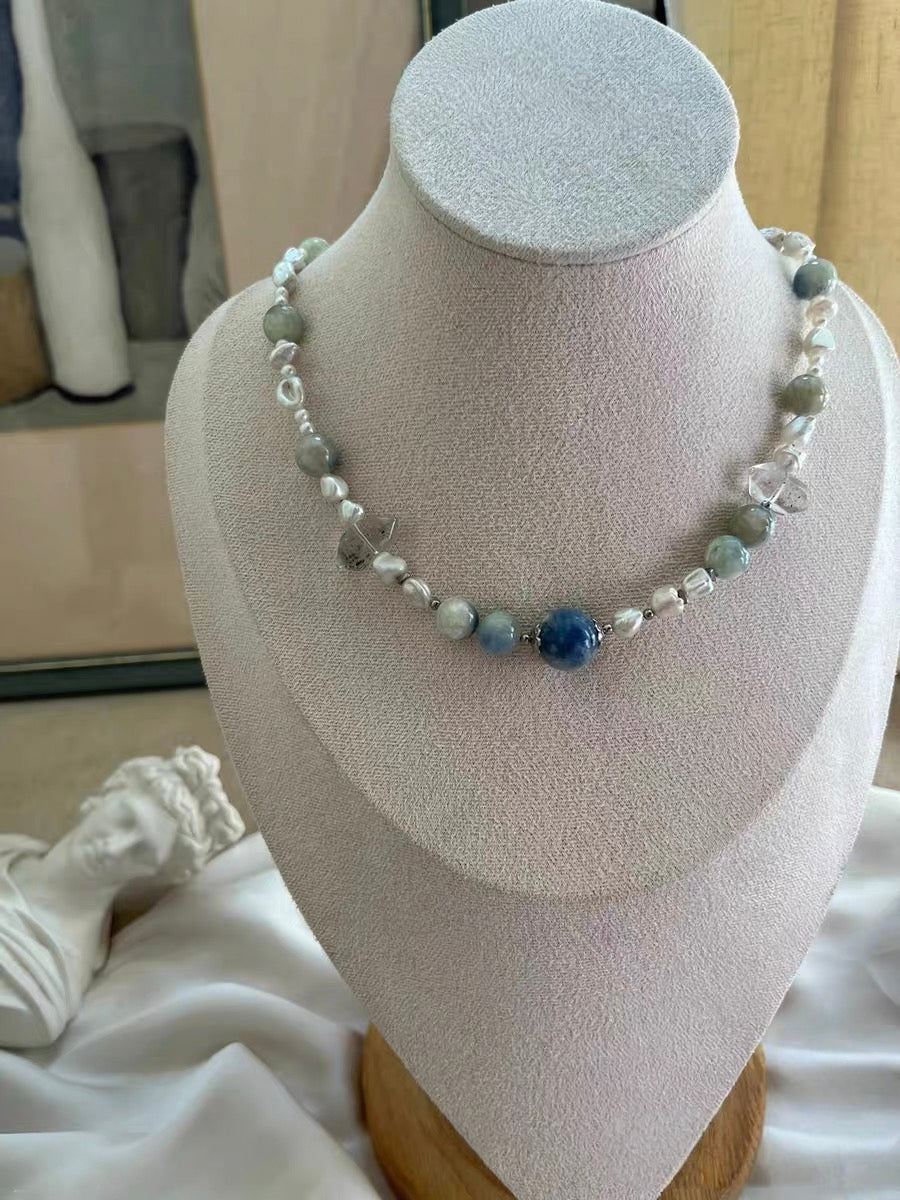 #PN1311 flowing light | Freshwater pearl necklace & bracelet set 2-layer 3-layer design baby pearls herkimer diamond quartz towers kyanite aquamarine amethyst citrine green lepidolite heart clasp