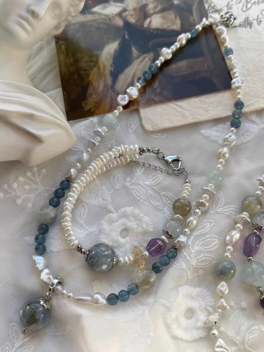#PN1311 flowing light | Freshwater pearl necklace & bracelet set 2-layer 3-layer design baby pearls herkimer diamond quartz towers kyanite aquamarine amethyst citrine green lepidolite heart clasp