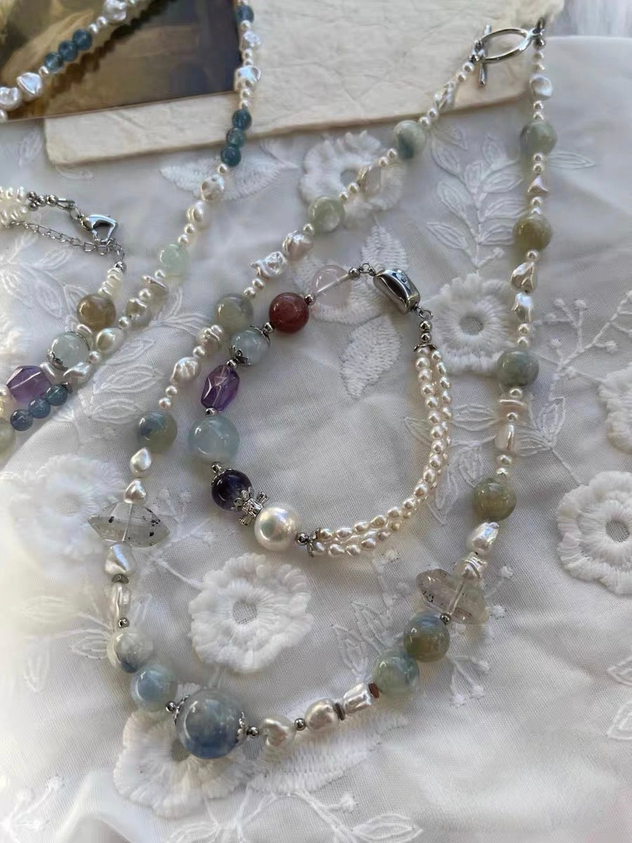 #PN1311 flowing light | Freshwater pearl necklace & bracelet set 2-layer 3-layer design baby pearls herkimer diamond quartz towers kyanite aquamarine amethyst citrine green lepidolite heart clasp