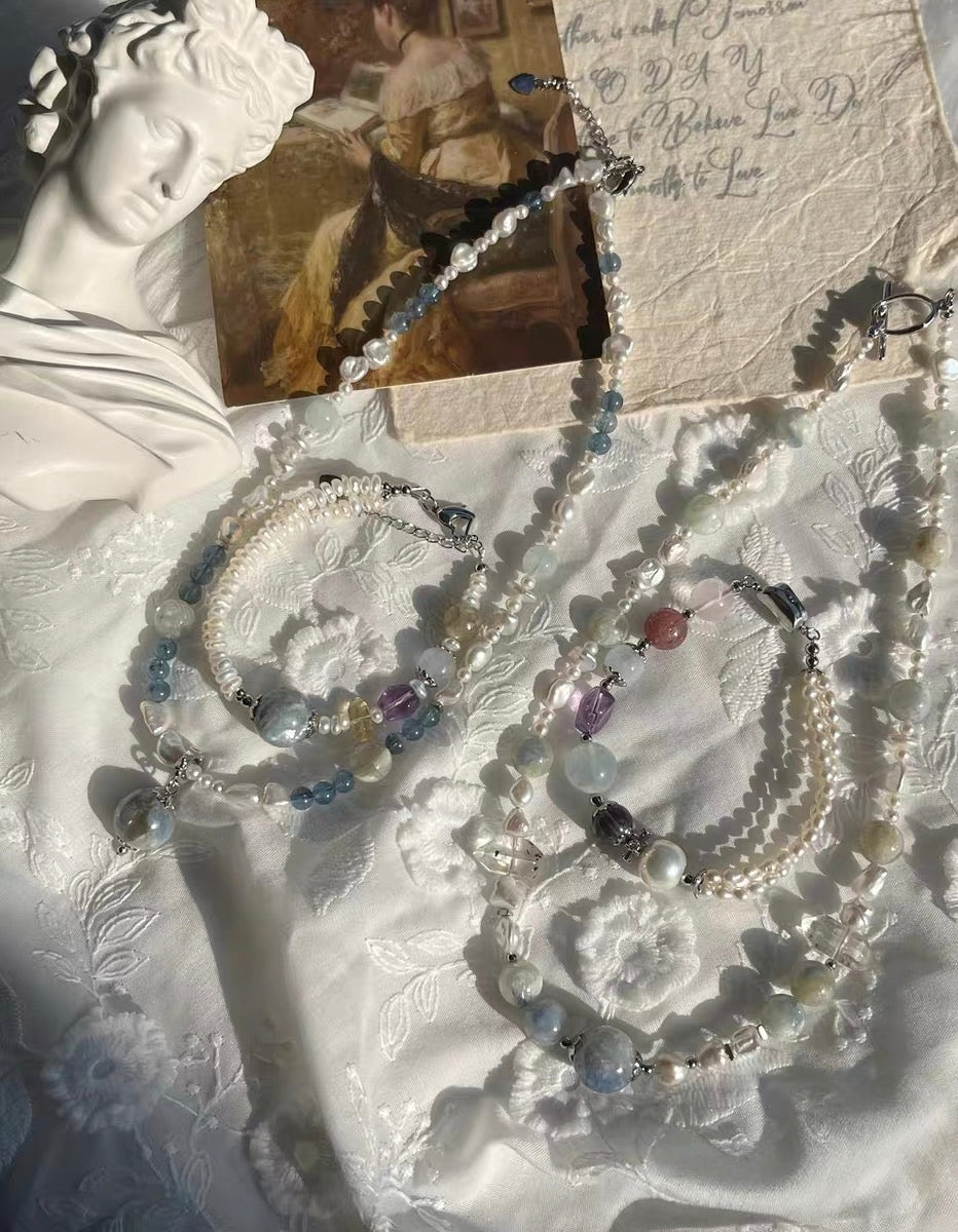 #PN1311 flowing light | Freshwater pearl necklace & bracelet set 2-layer 3-layer design baby pearls herkimer diamond quartz towers kyanite aquamarine amethyst citrine green lepidolite heart clasp