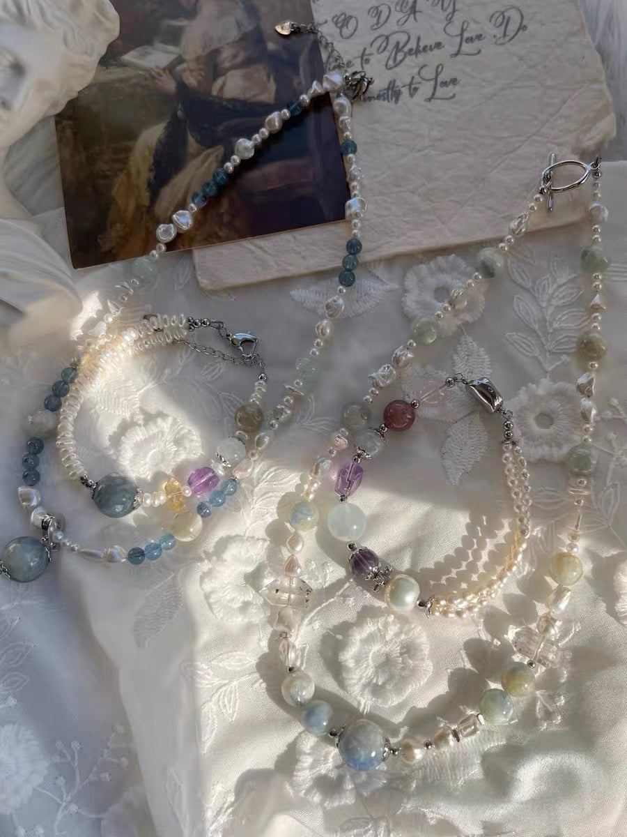 #PN1311 flowing light | Freshwater pearl necklace & bracelet set 2-layer 3-layer design baby pearls herkimer diamond quartz towers kyanite aquamarine amethyst citrine green lepidolite heart clasp