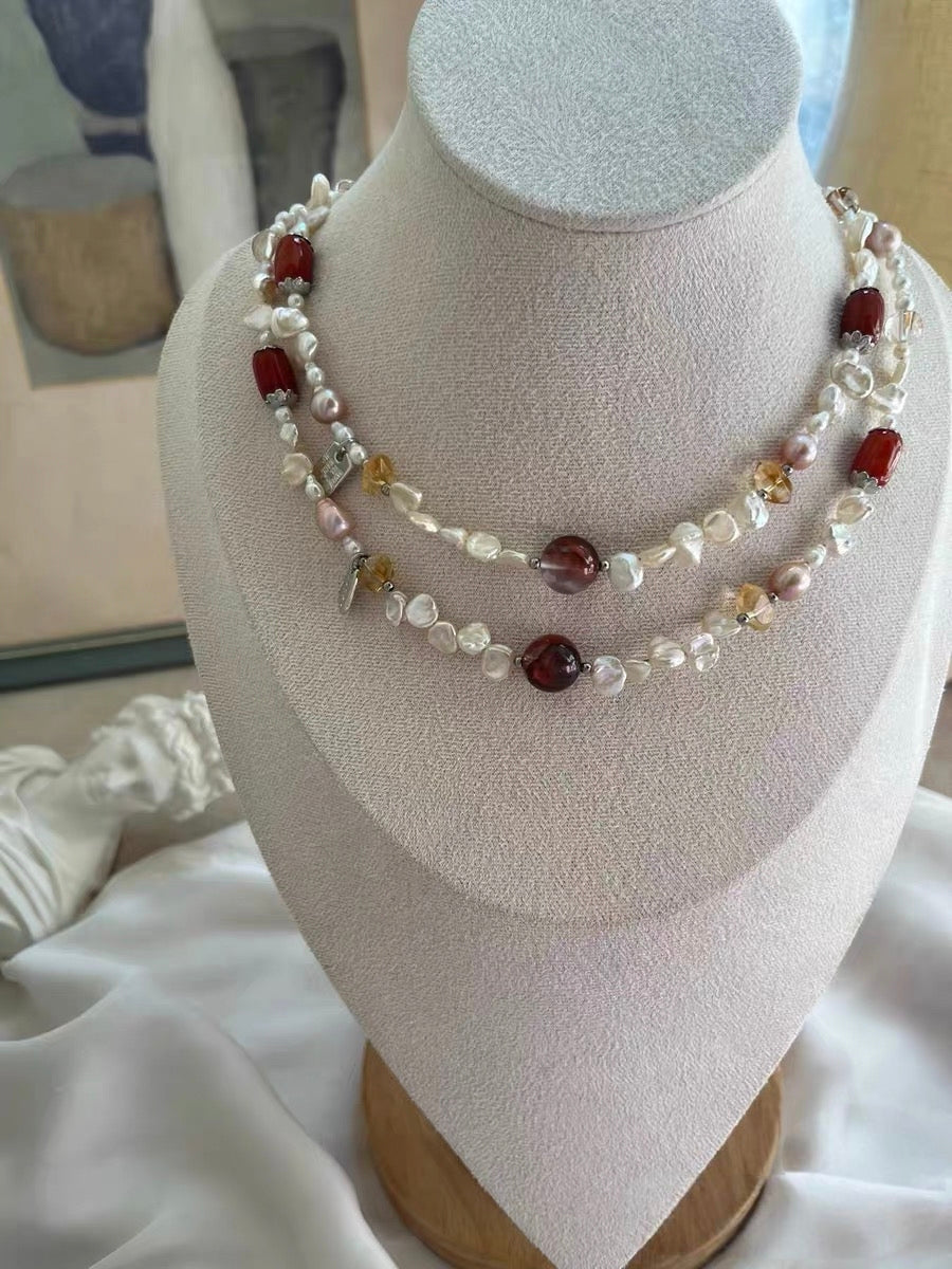 #PN1310 red river | Freshwater pearl necklace & bracelet set mix & match 2-layer design mermaid baroque pearl pink petals hematoid high quality small citrine towers green mica old-mine red agate barrel metallic purple Edison pearl