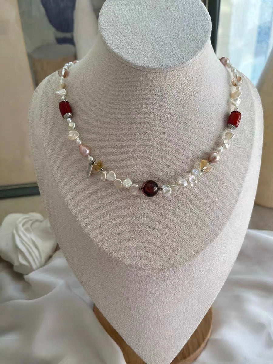 #PN1310 red river | Freshwater pearl necklace & bracelet set mix & match 2-layer design mermaid baroque pearl pink petals hematoid high quality small citrine towers green mica old-mine red agate barrel metallic purple Edison pearl
