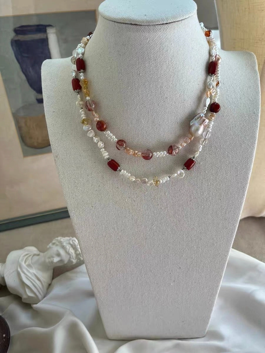 #PN1310 red river | Freshwater pearl necklace & bracelet set mix & match 2-layer design mermaid baroque pearl pink petals hematoid high quality small citrine towers green mica old-mine red agate barrel metallic purple Edison pearl
