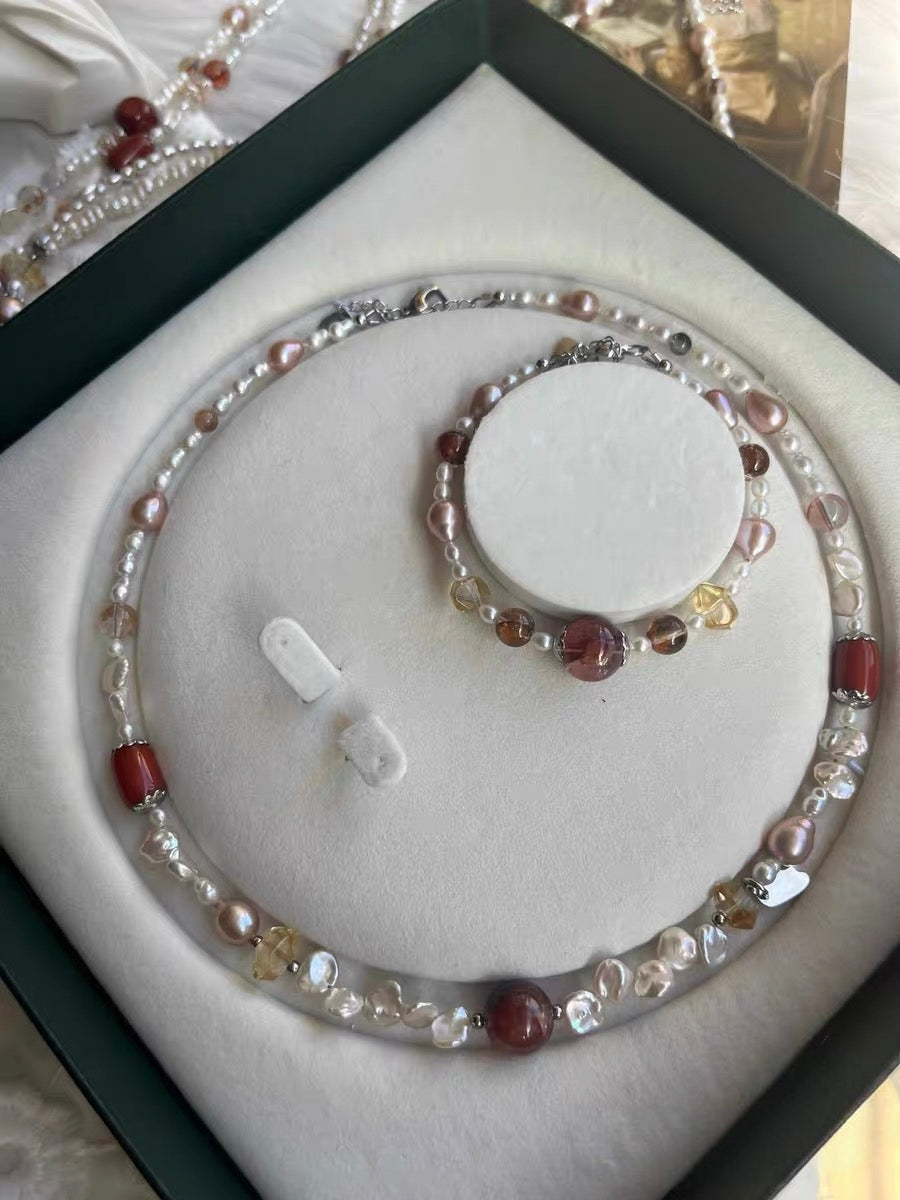 #PN1310 red river | Freshwater pearl necklace & bracelet set mix & match 2-layer design mermaid baroque pearl pink petals hematoid high quality small citrine towers green mica old-mine red agate barrel metallic purple Edison pearl