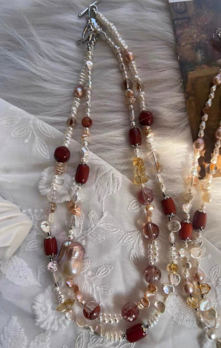 #PN1310 red river | Freshwater pearl necklace & bracelet set mix & match 2-layer design mermaid baroque pearl pink petals hematoid high quality small citrine towers green mica old-mine red agate barrel metallic purple Edison pearl