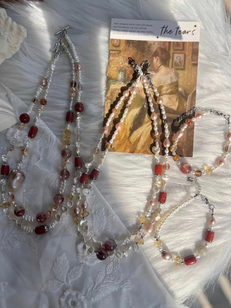#PN1310 red river | Freshwater pearl necklace & bracelet set mix & match 2-layer design mermaid baroque pearl pink petals hematoid high quality small citrine towers green mica old-mine red agate barrel metallic purple Edison pearl