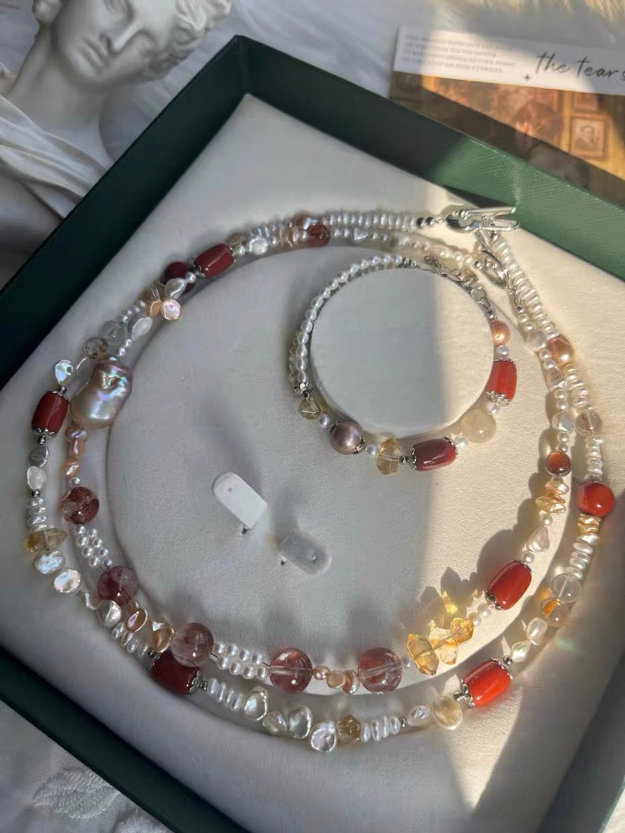 #PN1310 red river | Freshwater pearl necklace & bracelet set mix & match 2-layer design mermaid baroque pearl pink petals hematoid high quality small citrine towers green mica old-mine red agate barrel metallic purple Edison pearl