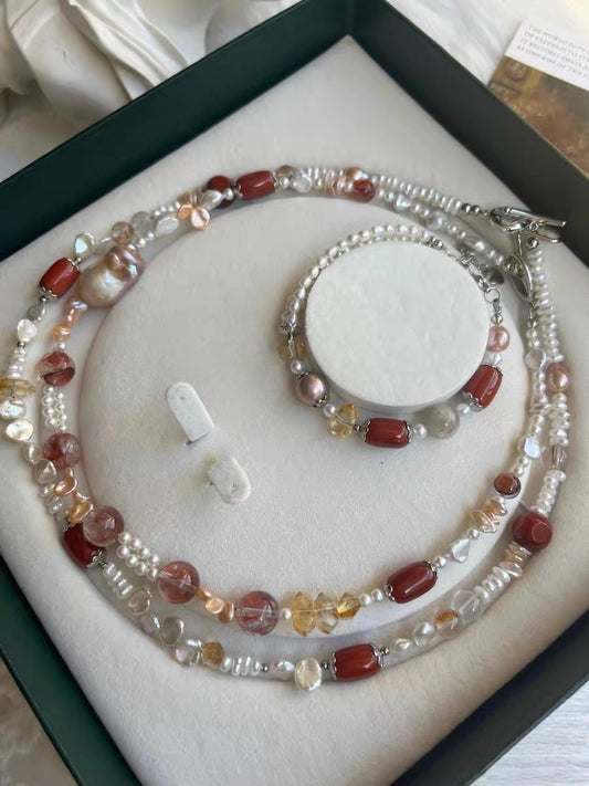 #PN1310 red river | Freshwater pearl necklace & bracelet set mix & match 2-layer design mermaid baroque pearl pink petals hematoid high quality small citrine towers green mica old-mine red agate barrel metallic purple Edison pearl