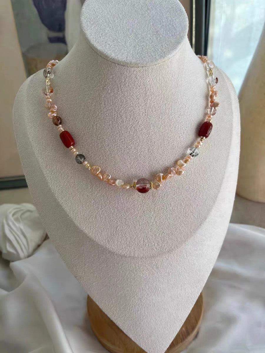 #PN1307 [Floral Series] velvet party | Freshwater pearl necklace sunrise shade petals old mine red agate barrel light golden mermaid baroque golden sunstone tower red hematoid hulu clasp