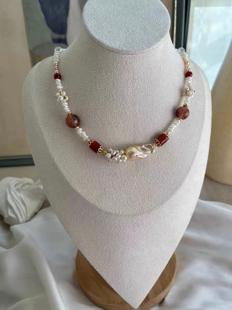 #PN1307 [Floral Series] velvet party | Freshwater pearl necklace sunrise shade petals old mine red agate barrel light golden mermaid baroque golden sunstone tower red hematoid hulu clasp