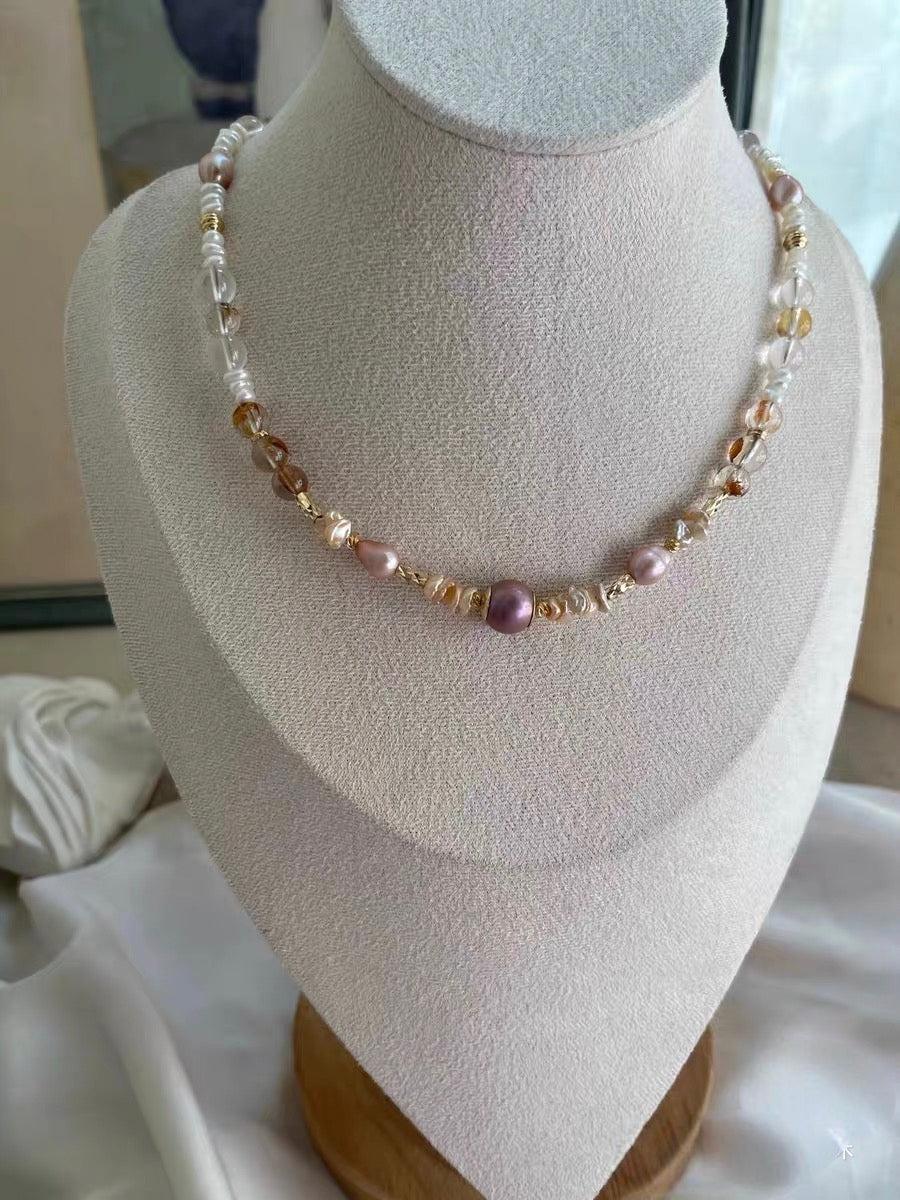 #PN1307 [Floral Series] velvet party | Freshwater pearl necklace sunrise shade petals old mine red agate barrel light golden mermaid baroque golden sunstone tower red hematoid hulu clasp