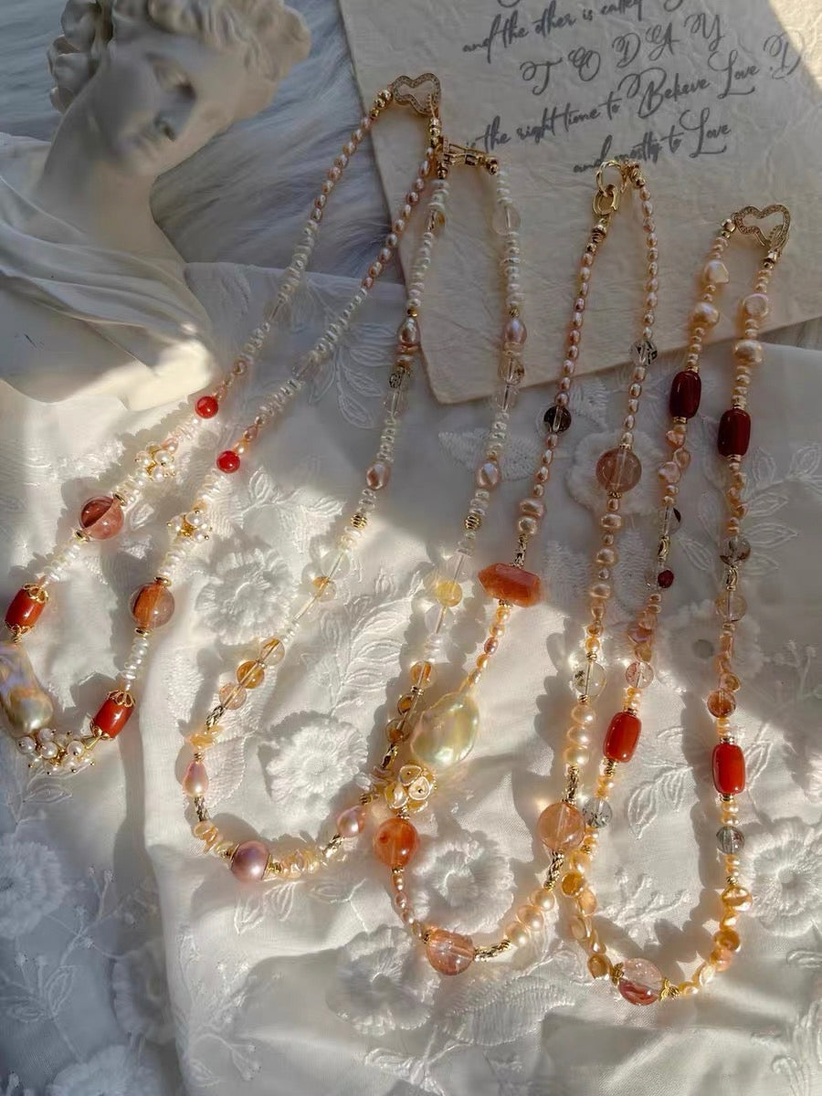 #PN1307 [Floral Series] velvet party | Freshwater pearl necklace sunrise shade petals old mine red agate barrel light golden mermaid baroque golden sunstone tower red hematoid hulu clasp