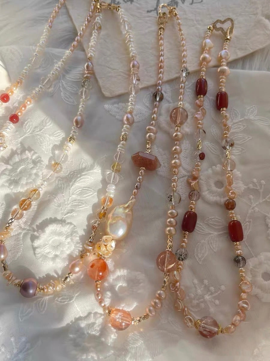 #PN1307 [Floral Series] velvet party | Freshwater pearl necklace sunrise shade petals old mine red agate barrel light golden mermaid baroque golden sunstone tower red hematoid hulu clasp
