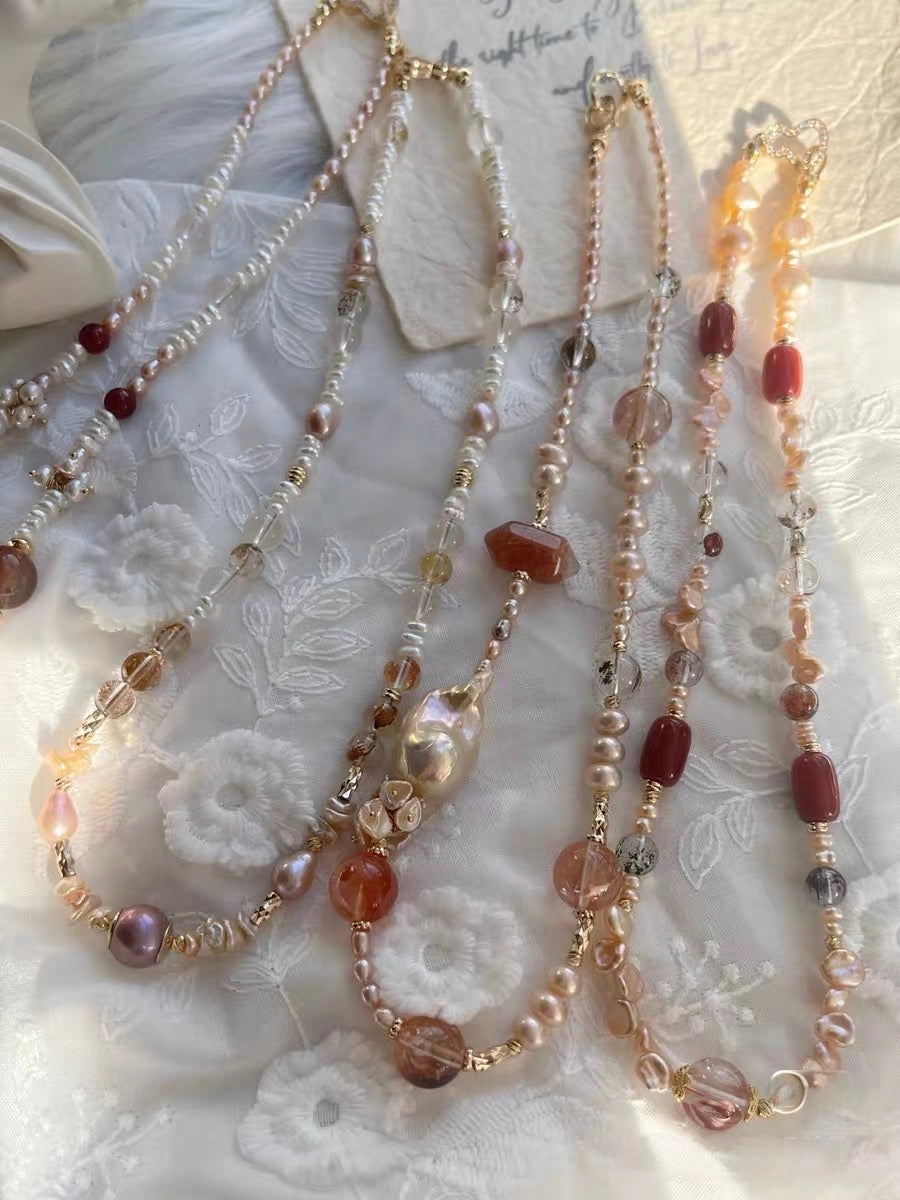 #PN1307 [Floral Series] velvet party | Freshwater pearl necklace sunrise shade petals old mine red agate barrel light golden mermaid baroque golden sunstone tower red hematoid hulu clasp