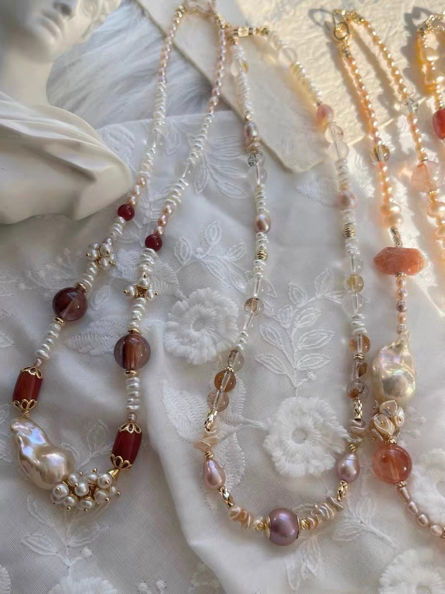#PN1307 [Floral Series] velvet party | Freshwater pearl necklace sunrise shade petals old mine red agate barrel light golden mermaid baroque golden sunstone tower red hematoid hulu clasp