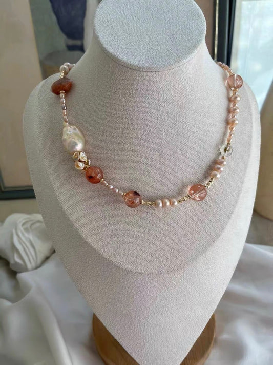 #PN1307 [Floral Series] velvet party | Freshwater pearl necklace sunrise shade petals old mine red agate barrel light golden mermaid baroque golden sunstone tower red hematoid hulu clasp