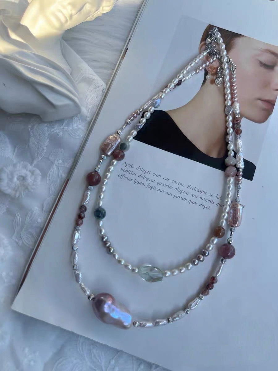 #PN1306 Effortless Chic | Freshwater pearl necklace fishtail baroque pearl green quartz colorful rabbit hair black gold super 7 silver stone baroque pearl
