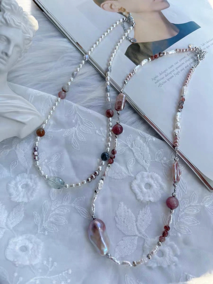 #PN1306 Effortless Chic | Freshwater pearl necklace fishtail baroque pearl green quartz colorful rabbit hair black gold super 7 silver stone baroque pearl