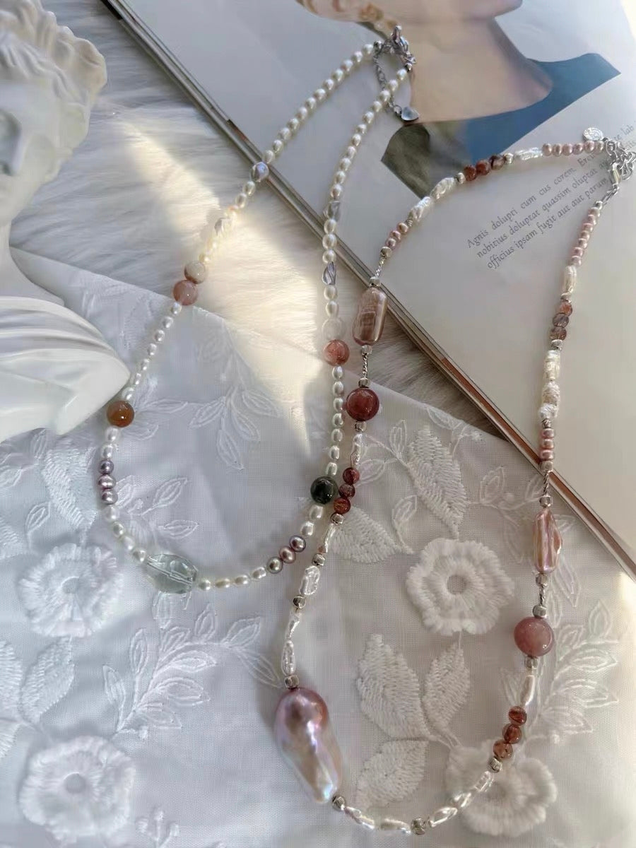 #PN1306 Effortless Chic | Freshwater pearl necklace fishtail baroque pearl green quartz colorful rabbit hair black gold super 7 silver stone baroque pearl