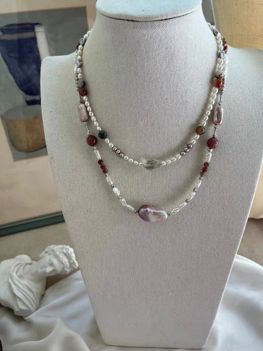 #PN1306 Effortless Chic | Freshwater pearl necklace fishtail baroque pearl green quartz colorful rabbit hair black gold super 7 silver stone baroque pearl